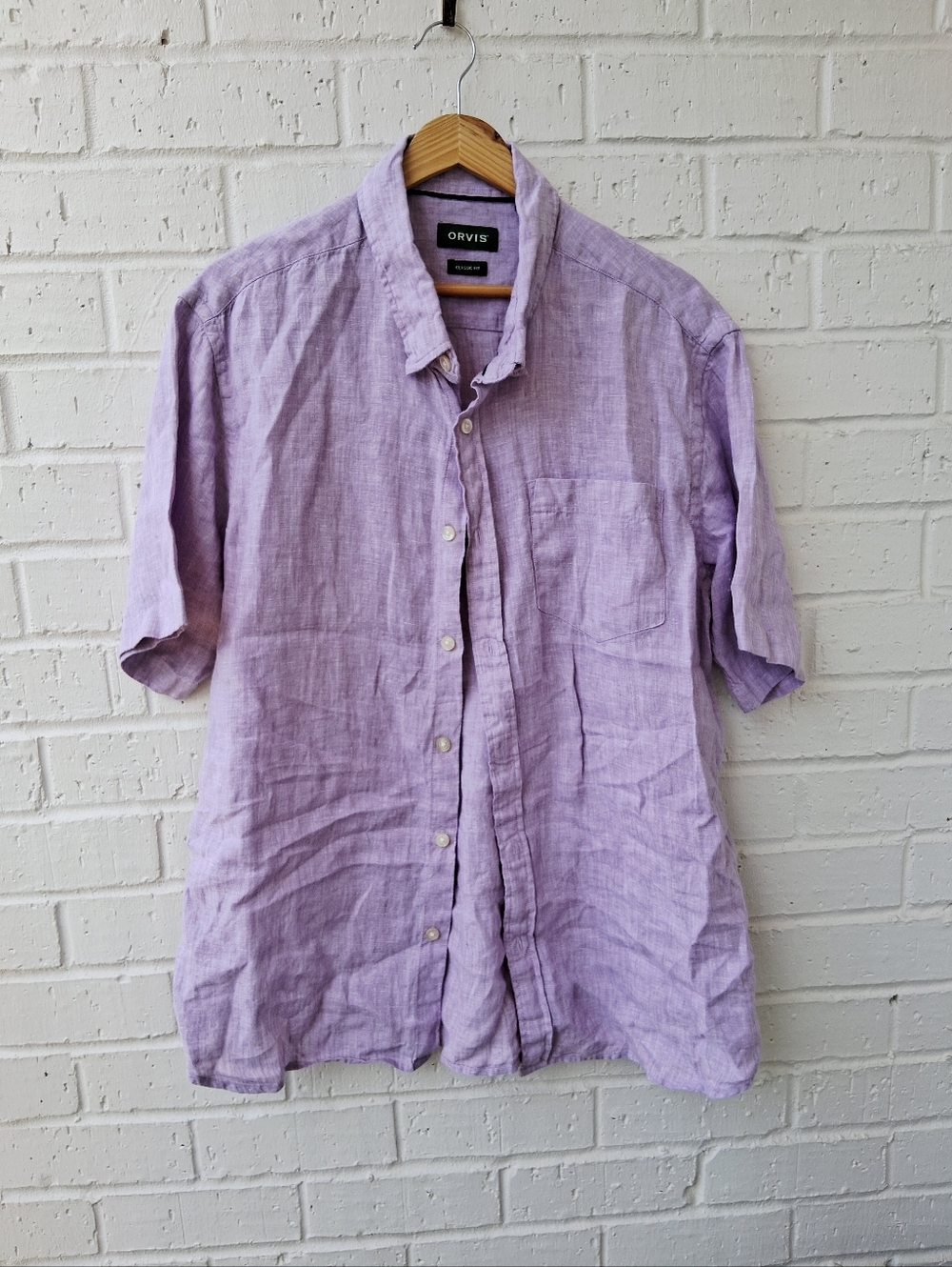 Orvis Men Classic Fit 100% Linen Short Sleeve Casual Shirt Lavender Preppy
